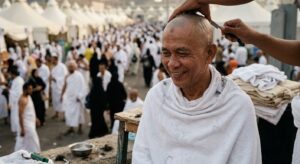 Muslim pilgrims shaving their heads in Mina after completing rituals on the 10th Day of Dhul-Hijja
