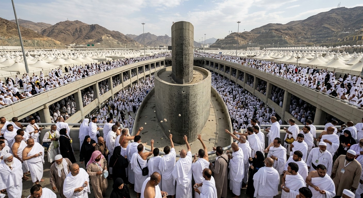 Muslim pilgrims pelting the Jamarat pillars during the 11th Day of Dhul-Hijja in Mina