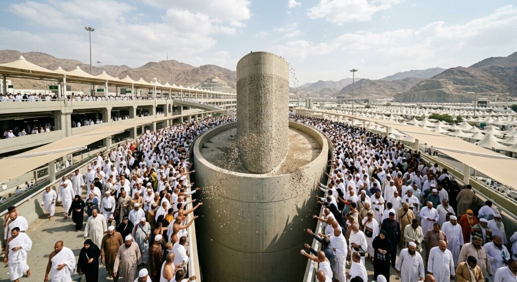Muslim pilgrims pelting the Jamarat pillars in Mina on the 13th Day of Dhul-Hijja before performing Tawaf al-Wada