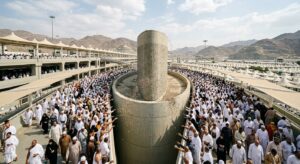 Muslim pilgrims pelting the Jamarat pillars in Mina on the 13th Day of Dhul-Hijja before performing Tawaf al-Wada