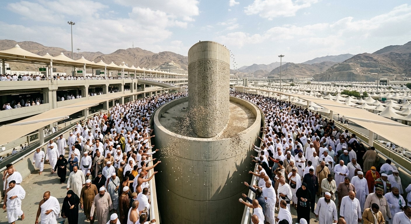 Muslim pilgrims pelting the Jamarat pillars in Mina on the 13th Day of Dhul-Hijja before performing Tawaf al-Wada