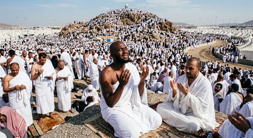 Muslim pilgrims making supplications and reading authentic duas on the Day of Arafah during Hajj