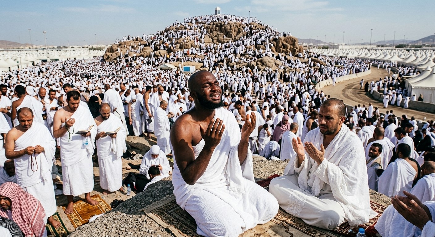 Muslim pilgrims making supplications and reading authentic duas on the Day of Arafah during Hajj