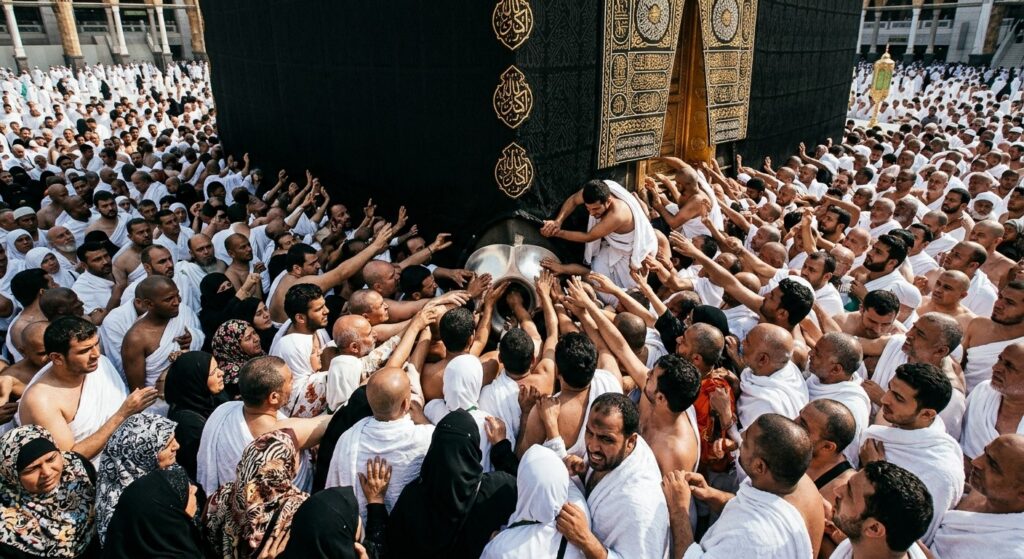 Muslim pilgrims performing rituals around the Kaaba in Makkah learning proper Hajj and Umrah practices