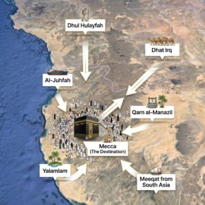A satirical, isometric map of the Meeqat boundaries and routes leading to the Kaaba in Mecca. At the center is a highly detailed Kaaba surrounded by miniature figures in Ihram and traditional clothing. Around the central image, labeled locations and illustrated icons with arrows depict the designated Meeqat points: "Dhul Hulayfah" with a camel rider, "Dhat Irq" with a caravan of camels, "Qarn al-Manazil" with an old-style well and palm tree, "Meeqat from South Asia" with a dhow sailboat, and "Al-Juhfah" with a massive modern container cargo ship. The arrows show the directions from these points to the central destination, "Mecca (The Destination)." The overall art style is a blend of realistic 3D mapping and playful, detailed miniature modeling. The map is set against a background of textured, hand-painted desert and a deep blue, clear-sky-toned Red Sea.