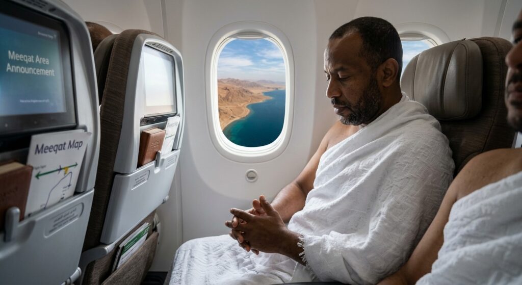 Muslim pilgrim in white Ihram on a flight preparing to enter the state of Ihram before crossing the Meeqat boundary