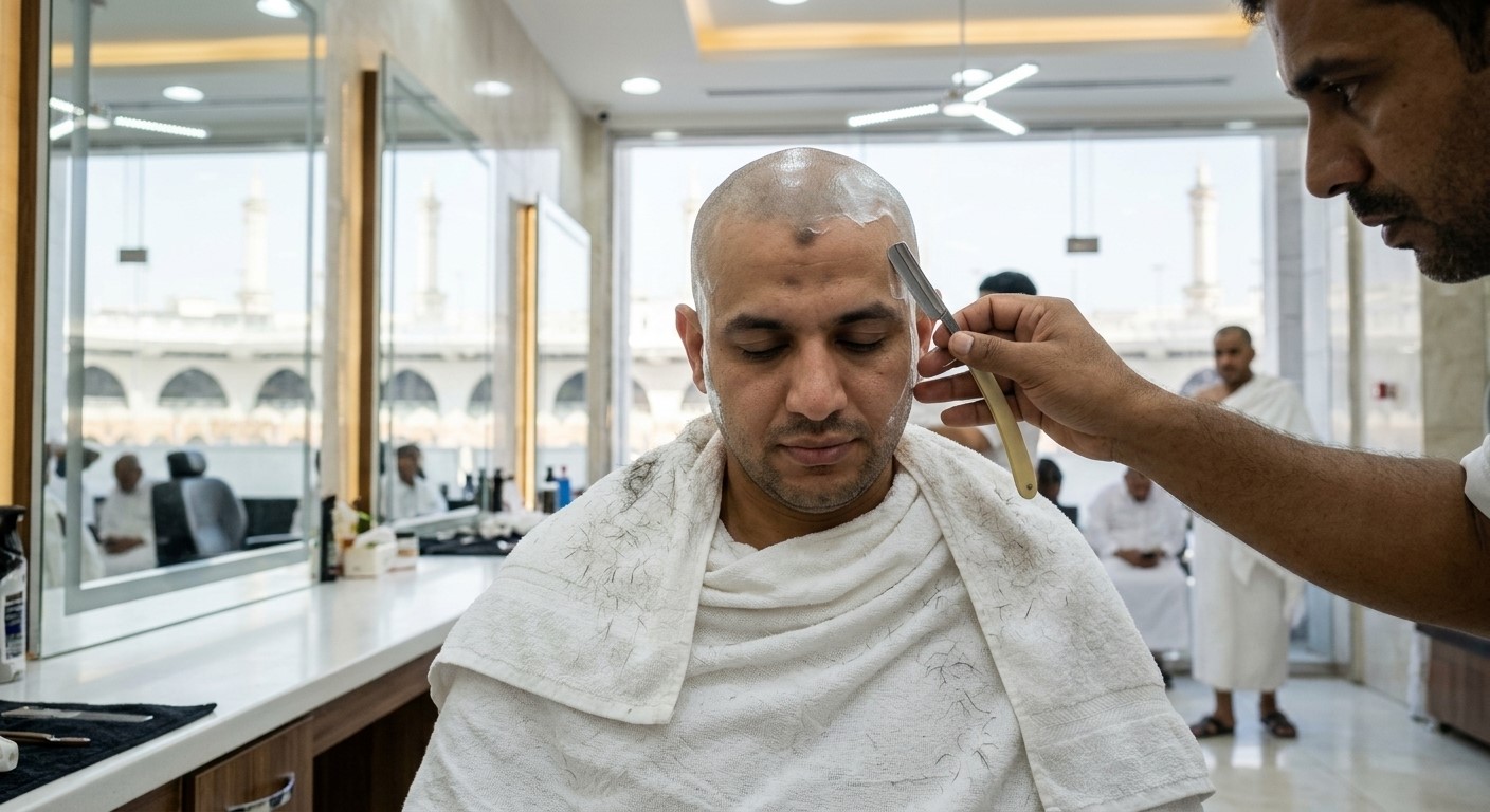 Male pilgrim in Ihram having his head completely shaved by a barber after completing Umrah in Makkah