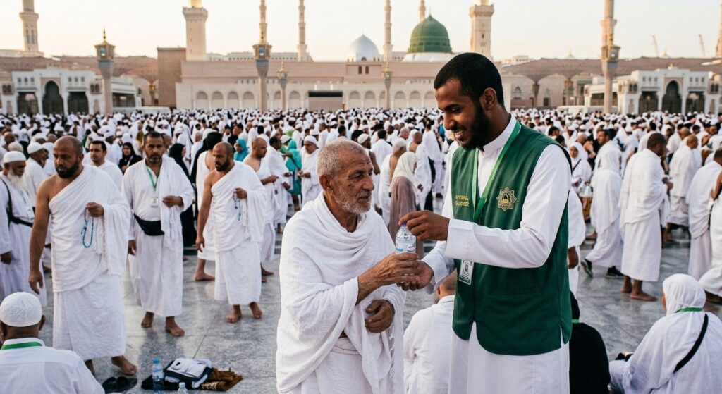 A Saudi volunteer assisting an elderly pilgrim in the courtyard of Al-Masjid an-Nabawi in Madinah during Hajj