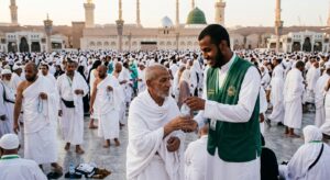 A Saudi volunteer assisting an elderly pilgrim in the courtyard of Al-Masjid an-Nabawi in Madinah during Hajj