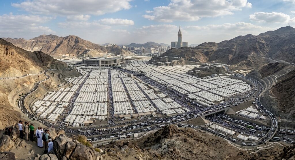 Aerial view of the massive tent city covering the Plain of Mina, Saudi Arabia, during the 8th Day of Dhul-Hijja (Tarwiyah Day)