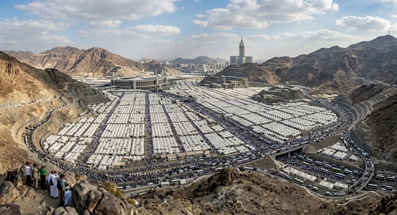 Aerial view of the massive tent city covering the Plain of Mina, Saudi Arabia, during the 8th Day of Dhul-Hijja (Tarwiyah Day)
