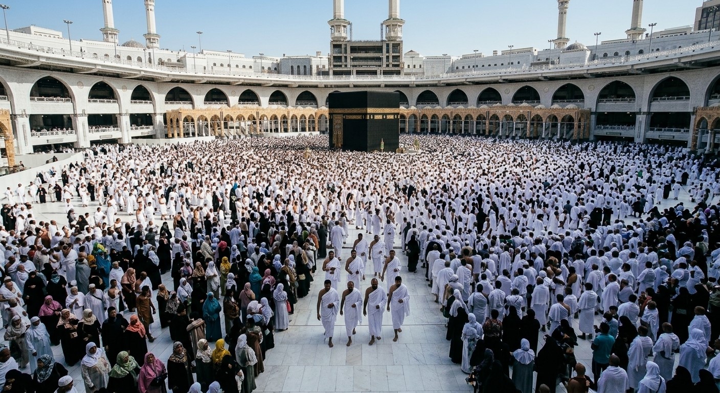 Muslim male and female pilgrims wearing correct Ihram attire while learning Ihram rules and restrictions for Hajj and Umrah