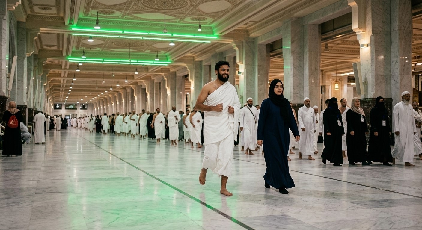 Muslim pilgrim in white Ihram raising hands in supplication at Mount As-Safa during Sa'ee in Makkah